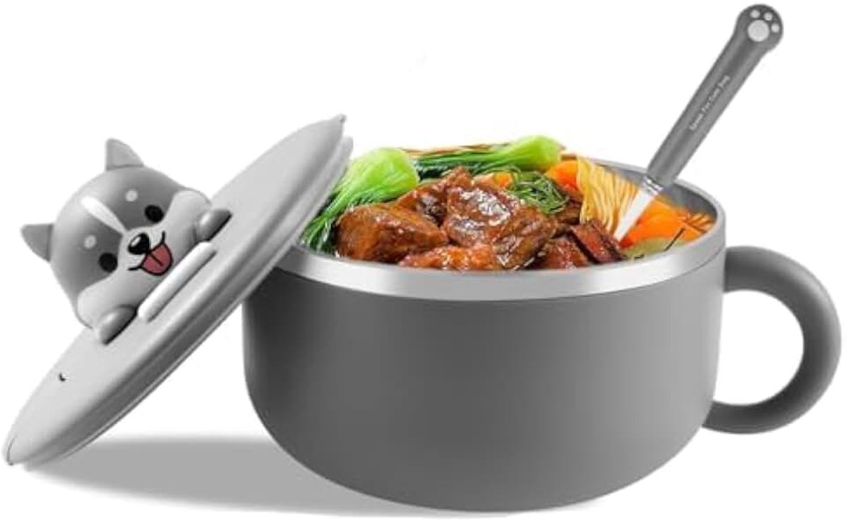 Instant noedelkom met handgrepen, 1200 ml, met deksel en lepel, draagbaar, magnetron, voor soep, ramen, knoedels, salades (grijs + lepel)