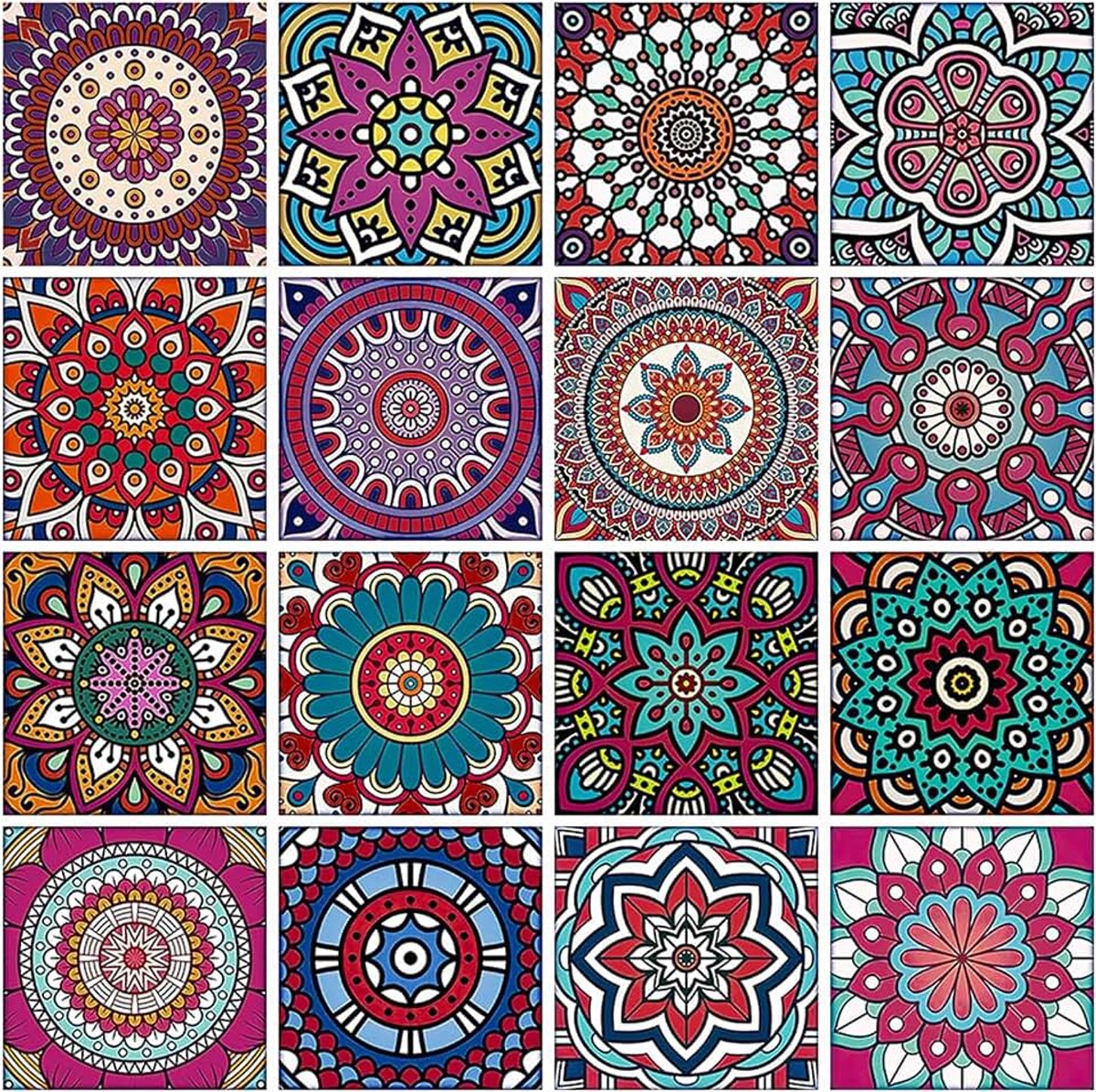 Tegelstickers, tegelstickers badkamer, doe-het-zelf Marokkaanse tegelfolie, zelfklevende tegels badkamer, voor keuken, woonkamer, hal, kleurrijk, antifouling, decoratie 15 x 15 cm
