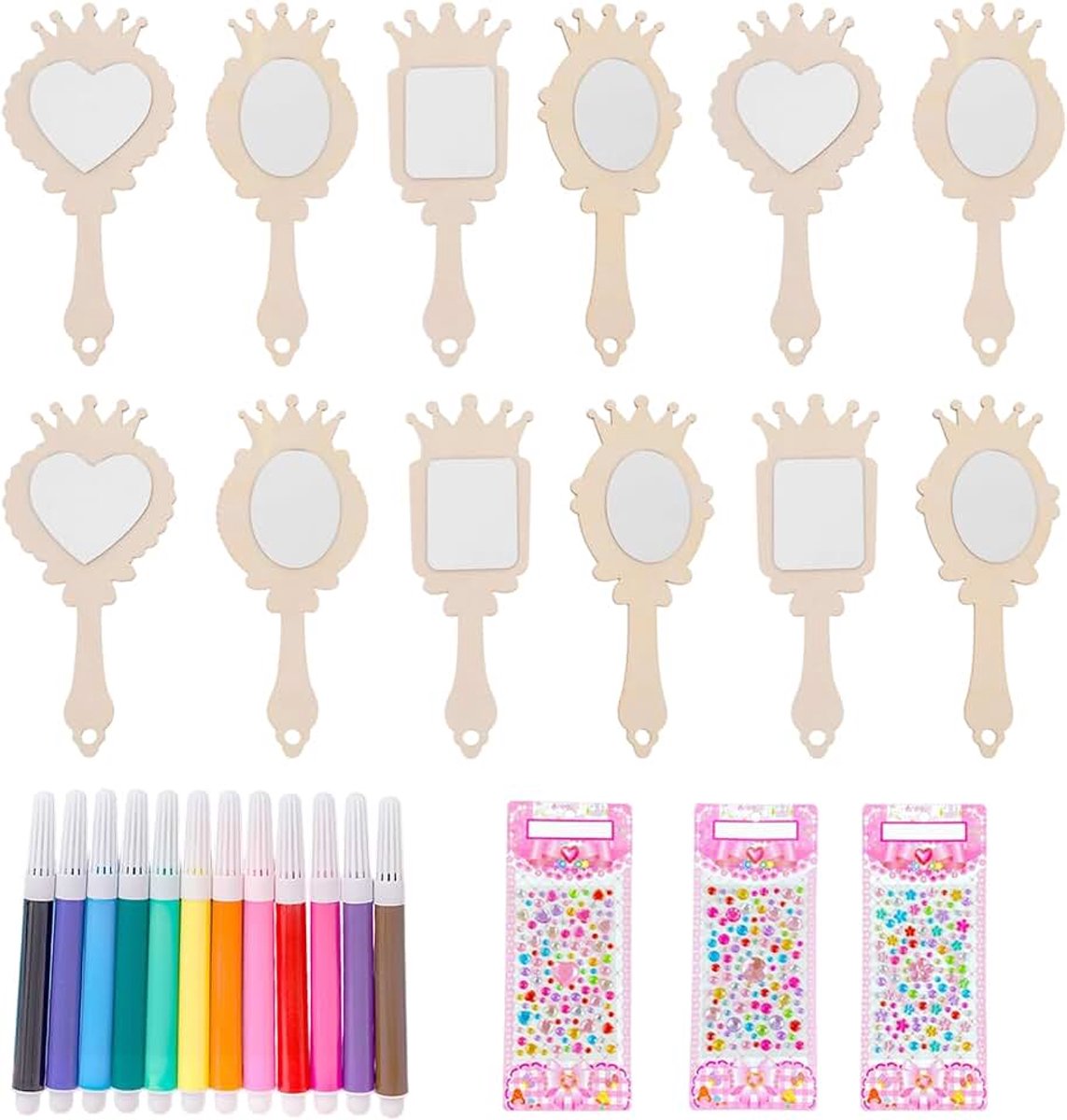 Houten spiegel, knutselset, kinderverjaardag, 12 stuks, beschilderbare kroonspiegels met 12 pennen en 3 vellen strass-steentjes stickers voor creatieve kinderspiegels