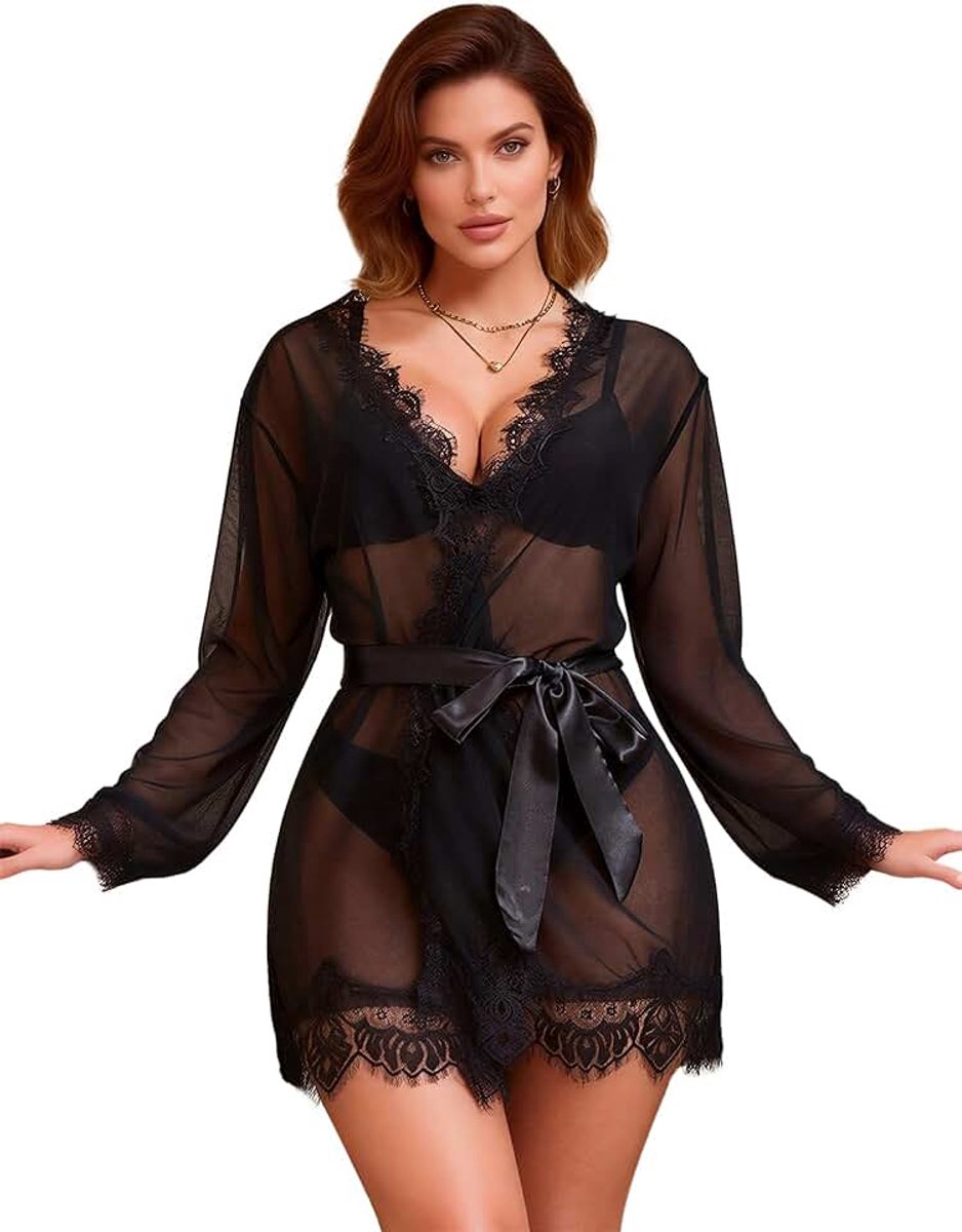 Ohyeahlady Kimono dames kant kort plus maten nachthemden curvy badjas zomer kort kant met riem zachte badjas nachtjurk pyjama badpak sleepwear