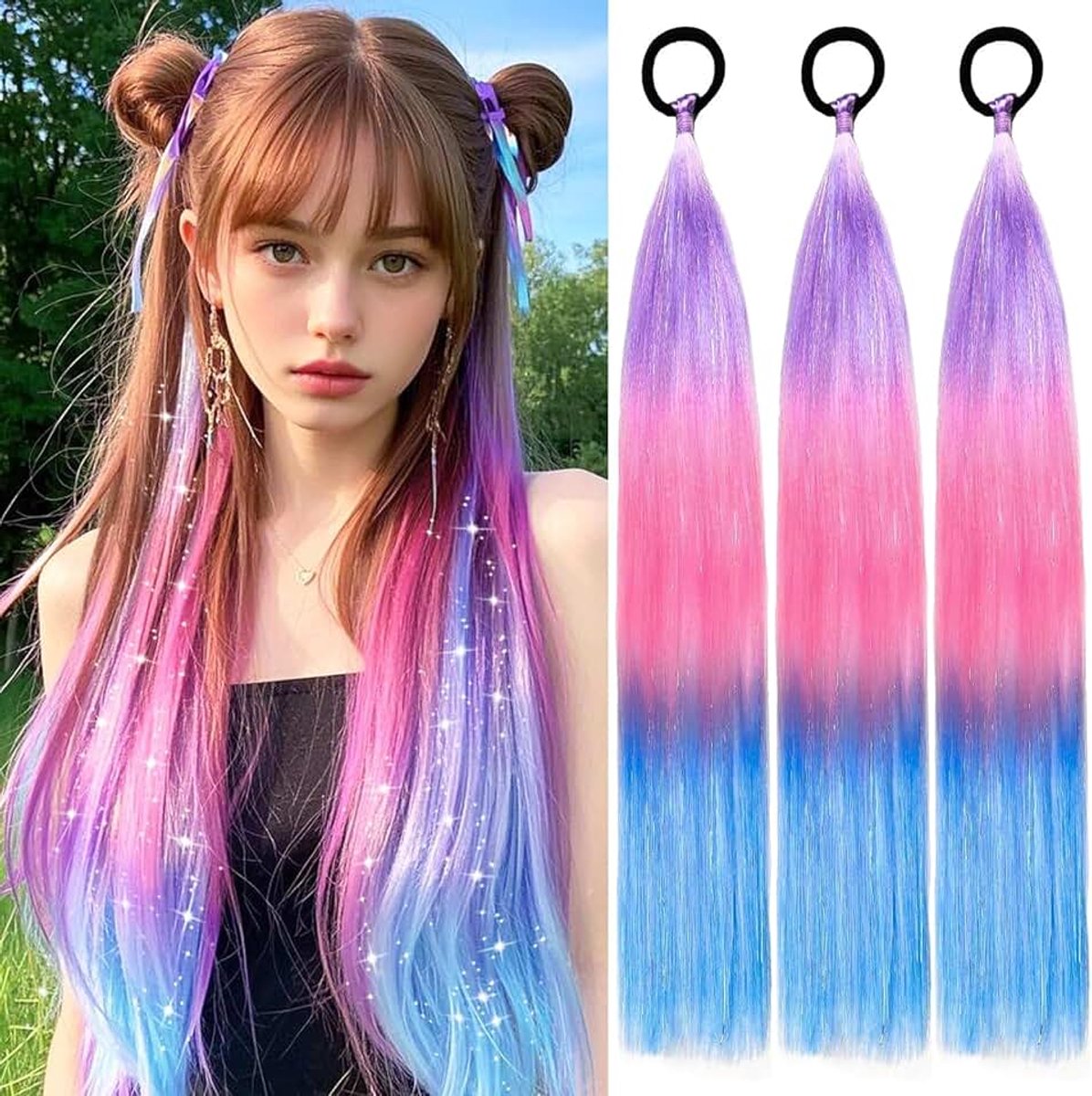 Paardenstaart, 3 stuks, 61 cm, gekleurde gevlochten paardenstaart, verlenging, kleurverloop, steil wikkelen om haar voor vlechten (lichtpaars/roze/blauw)