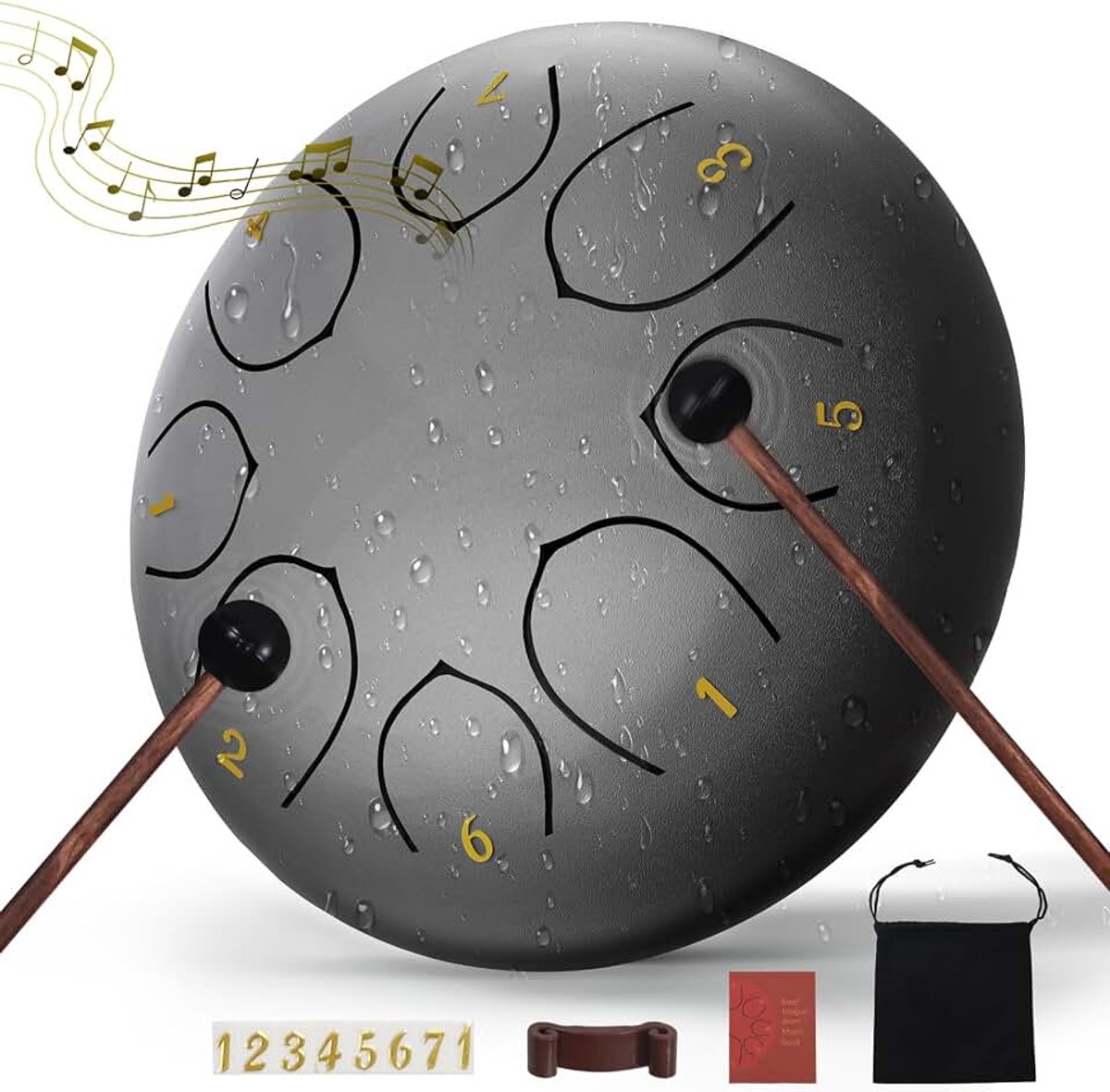 Regentrommel voor buiten, 15,2 cm 8 noten stalen tongtrommel voor tuininstrument, regenklokkenspel waterdicht, handpaninstrument buiten, met tas, muziekboek, slagstokjes