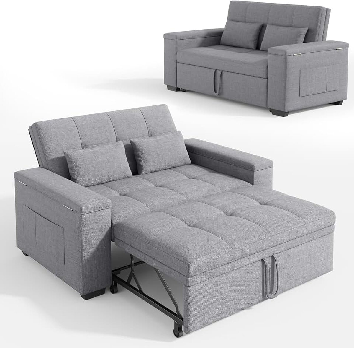 2-zitsbank, 3-in-1 slaapbank met bed, bank met verstelbare rugleuning in 3 posities en opbergruimte, 156 x 74 x 86 cm, incl. twee kussens, lichtgrijs