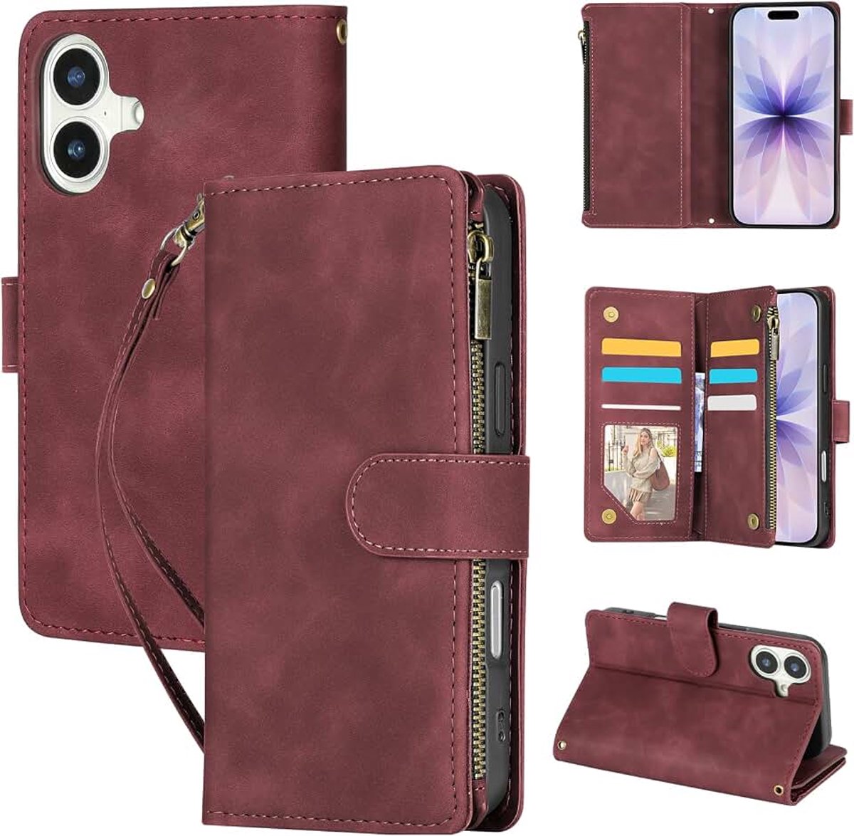 Hoesje compatibel met iPhone 17 met 6 kaartsleuven, PU-lederen portemonnee-hoes, magnetische sluiting, standaard, schokbestendig, beschermend telefoonhoesje voor iPhone 17 6,3 inch