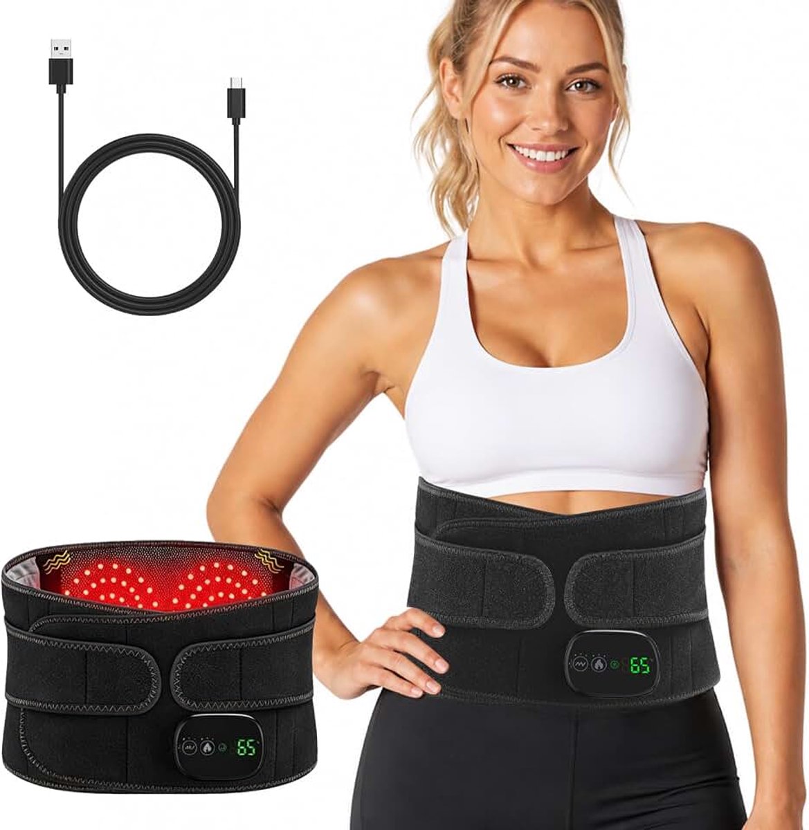 Warmtegordel voor de rug, draadloos, verwarmingsgordel met 3 warmte- en 3 trillingsniveaus, 5000 mAh accu, touchscreen, rugwarmer, massagegordel, verwarmingskussen ter verlichting van rug- en