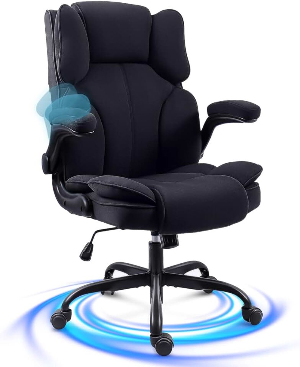 Bureaustoel met Wielen en Armleuningen, Ergonomic Office Chair in Hoogte Verstelbaar, Directiestoel Draagvermogen 150 kg voor Thuis Studie Werken Uitvoerend Wonen Slaapkamer (Zwart)
