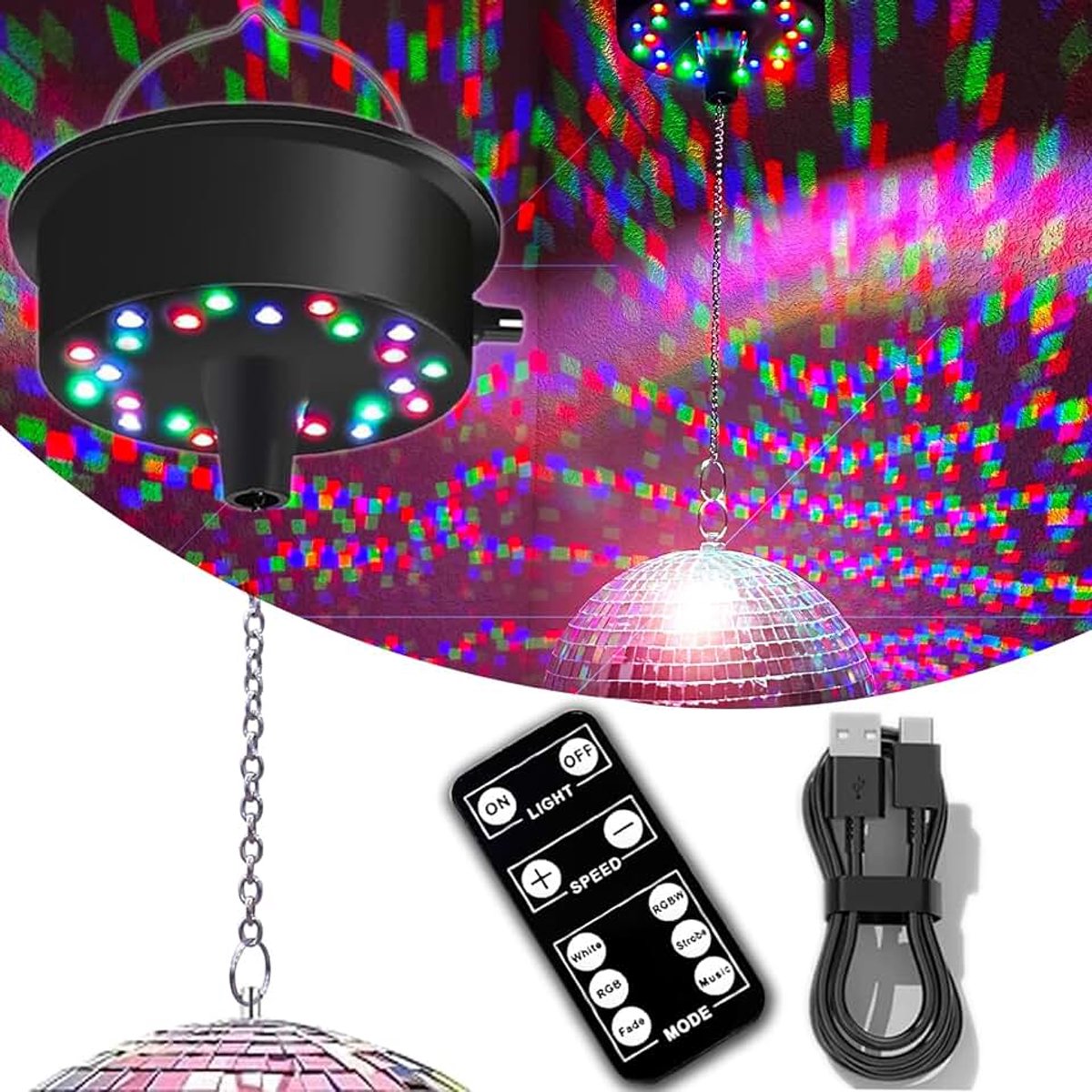 Kogelmotor met afstandsbediening, 5-10 omw/min Disco Ball verstelbare spinner met 23 RGBW leds met multi-lichtmodus en geluidsregeling voor 6 tot 12 inch spiegel bal (niet inbegrepen)