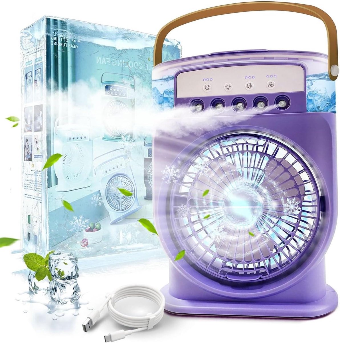Mini Airco - Ventilator - Persoonlijke Koeling - 4-in-1 Functies - 600 ml Tank - Paars