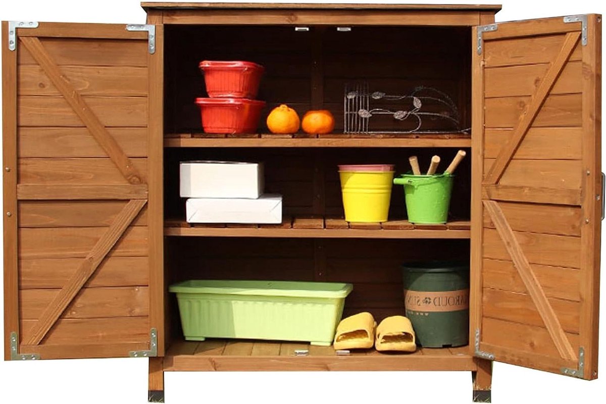 Tuinopbergkast - Tuinhuisje Schuur - Gereedschap Opbergen - Dubbele Deuren - 80x42x90cm - Houtkleur