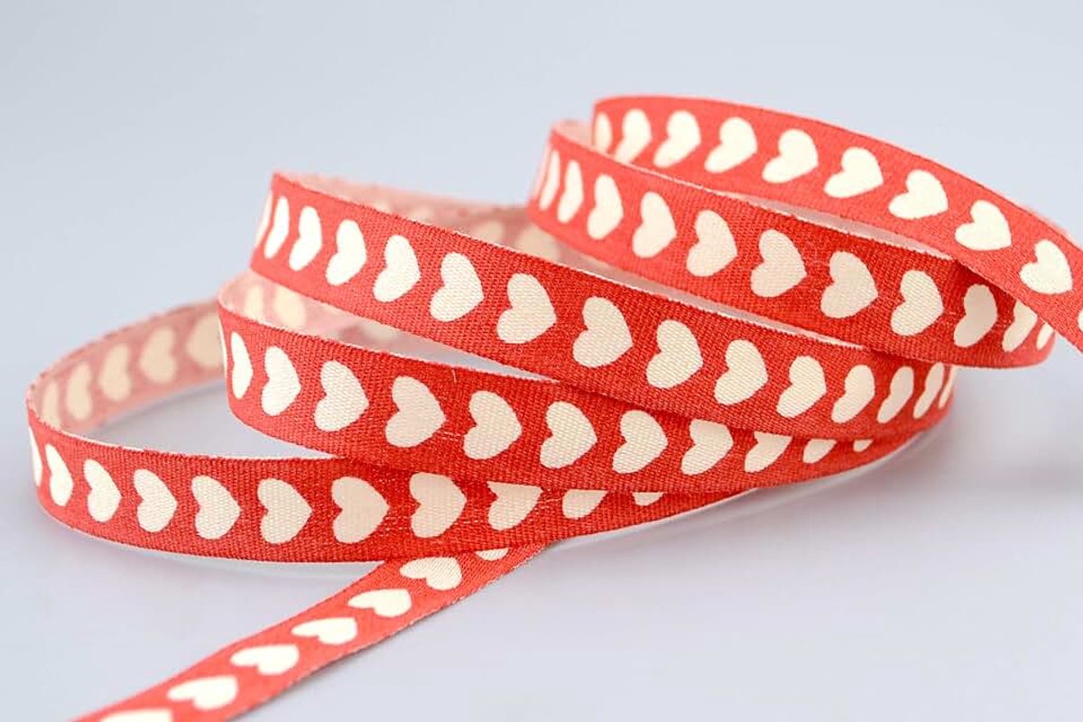 Lint, mini, hartjes, katoen, rood, lint, natuurvriendelijk, natuurlijke look, hartjes, bruiloft, Valentijnsdag, verjaardag, geschenklint, knutselen, decoratie
