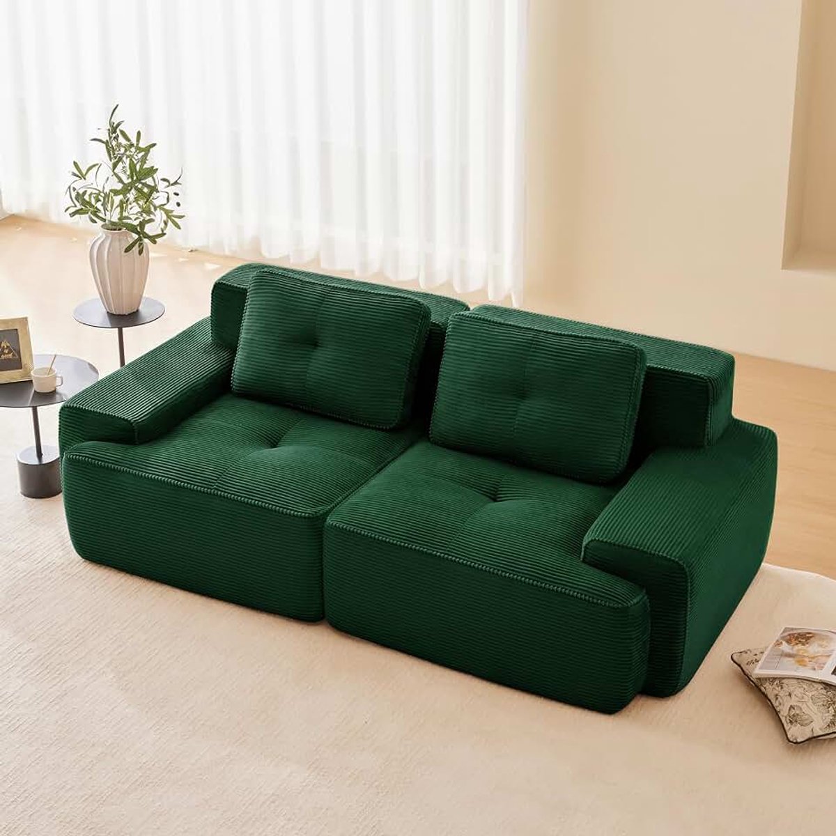 Sofa 2-zits, frameloze modulaire bank, vrij te combineren, premium pluche loveseat bank zonder montage, moderne bank voor woonkamer en slaapkamer (groen, 2S)
