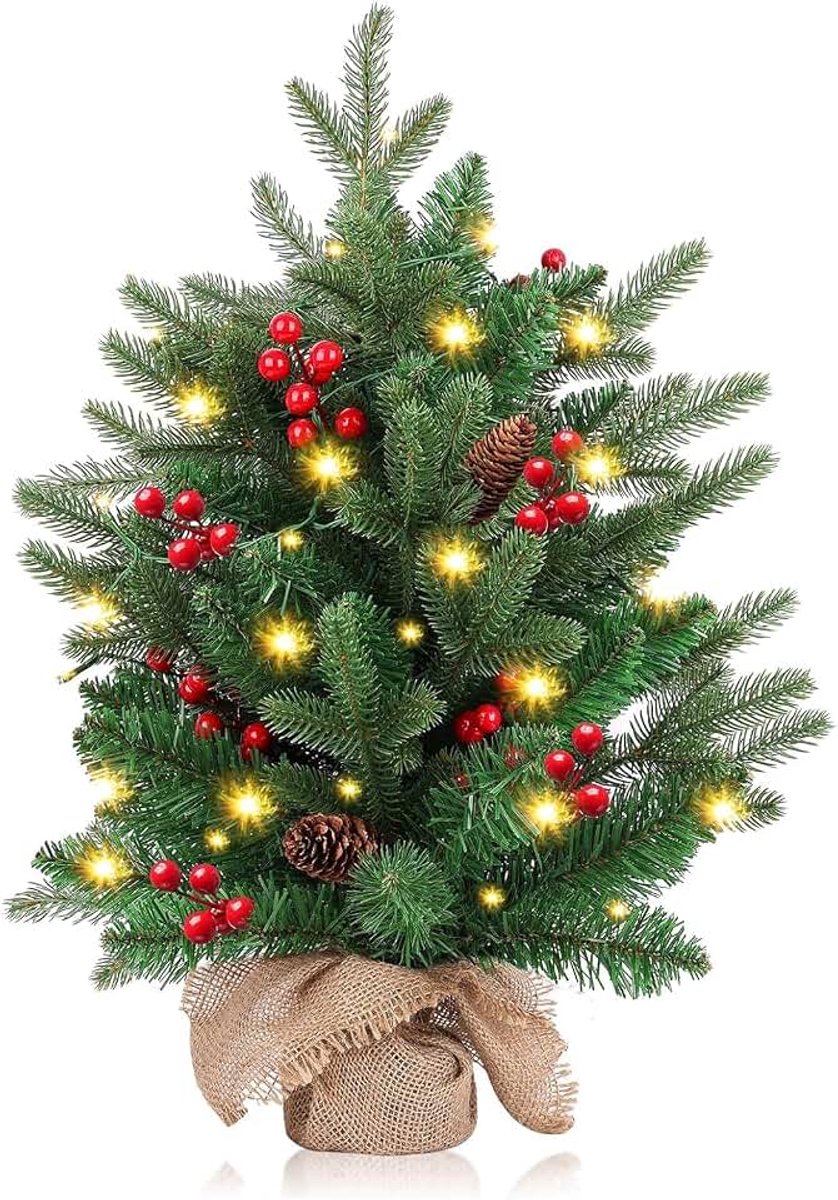 Bomen, kerstbomen met verlichting en 2M LED-verlichting, Kerstboom op cementen voet voor op tafel, 75 takpunten, voor kerstdecoraties voor thuis en kantoor