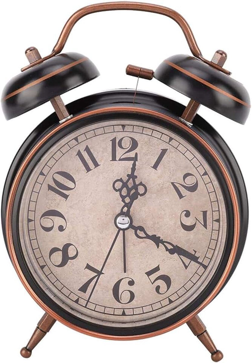 4 "Retro mechanische wekker met nachtlampje Dubbele dubbele bel Niet tikkende voor zware slapers Reizen Thuiskantoor Slaapkamerdecoratie(Zwart)