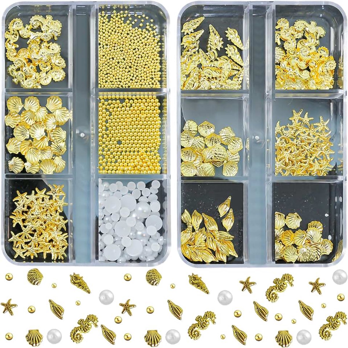 Nagelkunst bedels, gouden strand-oceanieën, nagelsieraden, oceaanthema, nagelsteentjes voor vrouwen, acryl nagel oceaan (goud + wit)