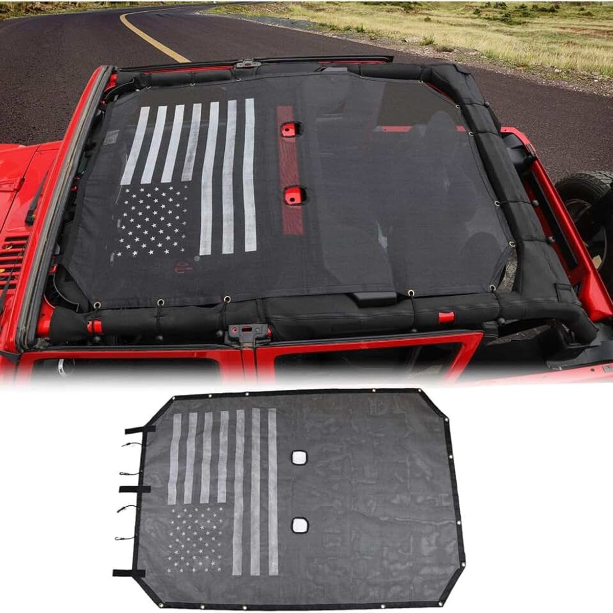 Zonnescherm Mesh Top Cover met Amerikaanse vlag biedt dak UV zonwering voor Jeep Wrangler JKU 2007-2018 Rubicon Sahara Sport-S 4-deurs