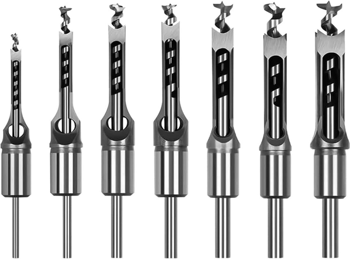 Sets, houtbewerking HSS-houtsnijbeitel zinker-bits loch-instekboorset voor schrijnwerkers, 6,4 mm/8 mm/9,5 mm/10 mm/11 mm/12,7 mm/14 mm/16 mm (7 stuks)