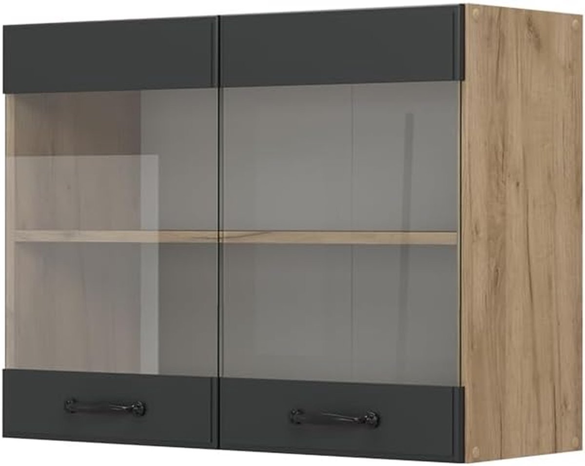 Glazen keukenkast - Servieskast wandmontage - Keuken organiseren - Met glazen deuren - 80 cm breed - Antraciet