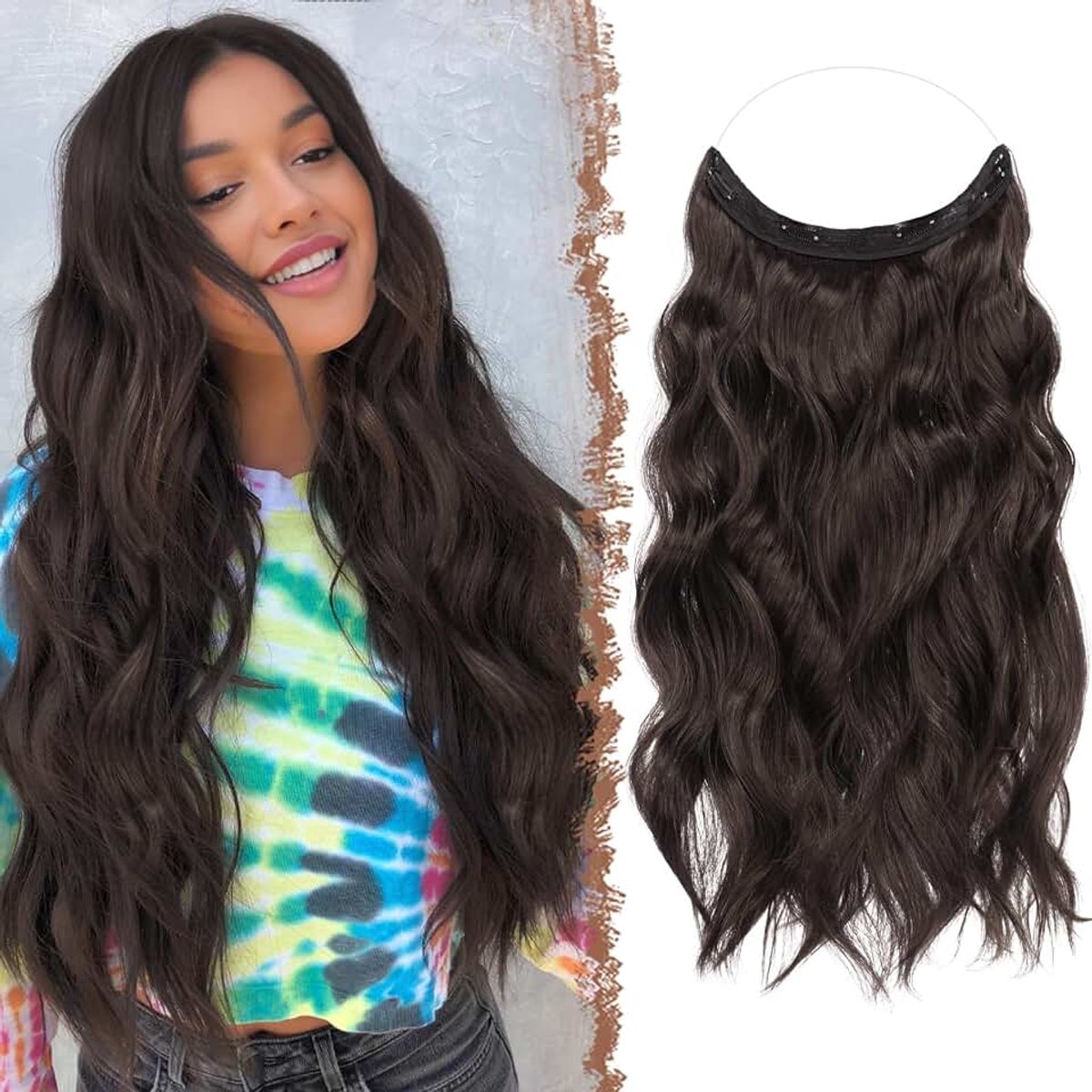 Secret Wire Hair Extensions - Krullend Golvend Lang Bruin Haarverlenging Onzichtbare Haarverlengingen Synthetisch Haarstukjes voor Vrouwen, 50 cm Chocolade Bruin Gemengd Donkerbruin