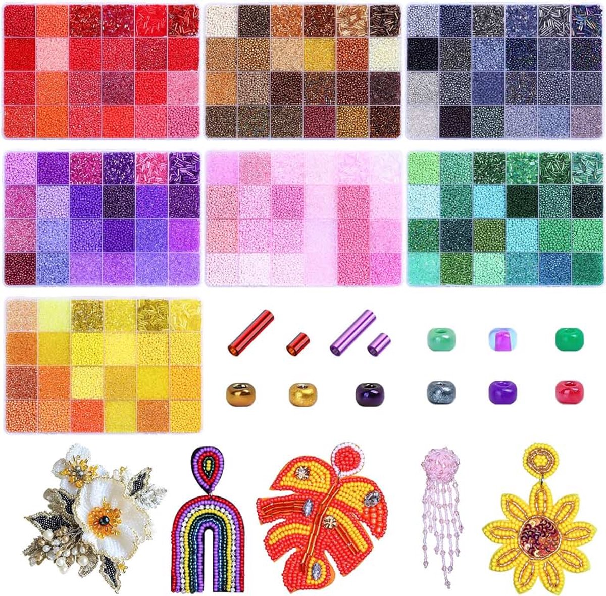 Kralen, 62300 stuks, 168 kleuren, 2 mm, kleine kleurrijke glazen kralen om te rijgen, grote verpakking, armbanden zelf maken, set met buiskralen 7 x 2 mm en 3 x 2 mm, voor het maken van