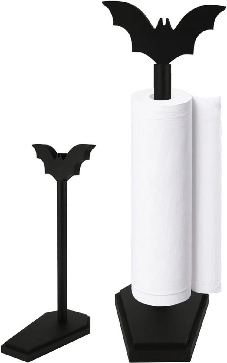 Papieren Handdoek Houder van Hout voor Halloween Decor in Gotische Stijl met Vleermuis Design, Zwart, Staand op Aanrecht.