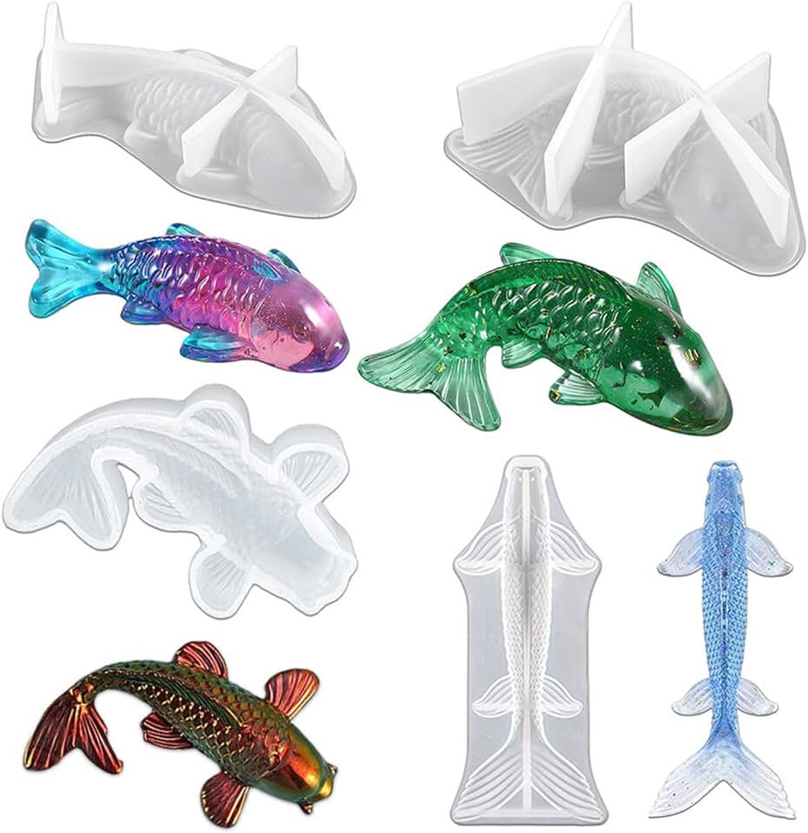 Visvormen, 4 stuks, siliconen harsvormen, koi vis, hars, gietvormen, doe-het-zelf, heldere siliconen vorm, epoxyhars, gietvorm, fondant, vorm voor hangers, sieraden maken