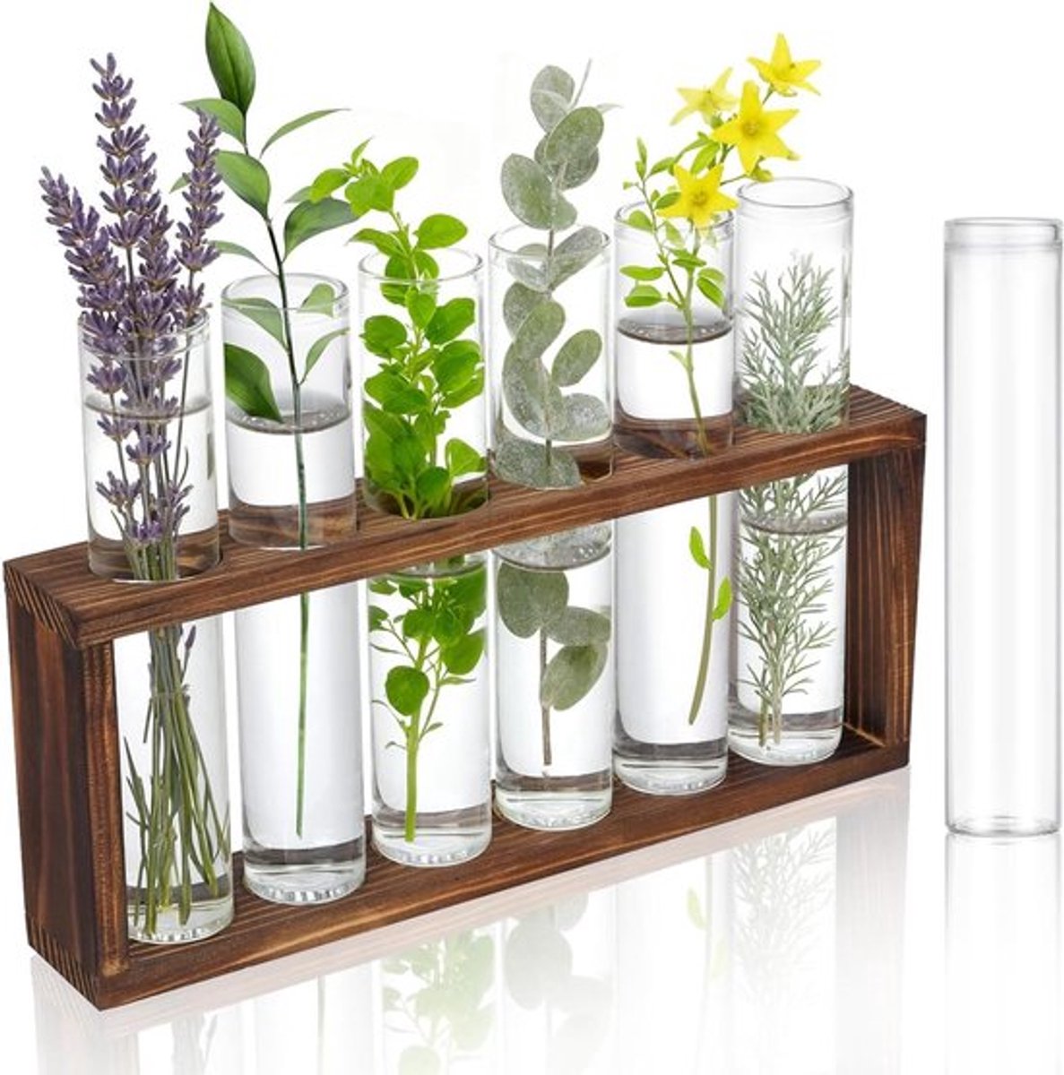 Doorzichtige Glas reageerbuisjes - 7 stuks - 30 x 150 mm - Incl. Standaard - Bloemenvaas - Houten Bloemenhouder - Keuken Decoratie - Specerijen en Vloeistoffen - DIY Bloemdecoratie