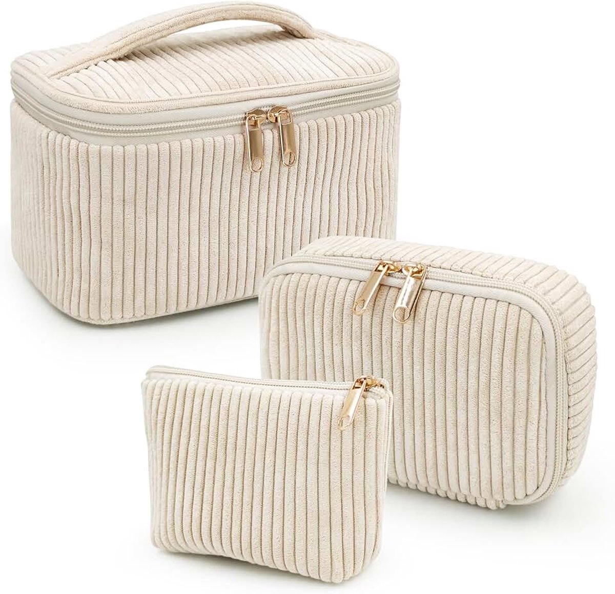 Beifon Set van 3 make-uptas, toilettas voor dames, met bloemenpatroon, toilettas, draagbare make-uptas, make-uptas, wastas, groot, voor vrouwen en meisjes, Beige A, modern
