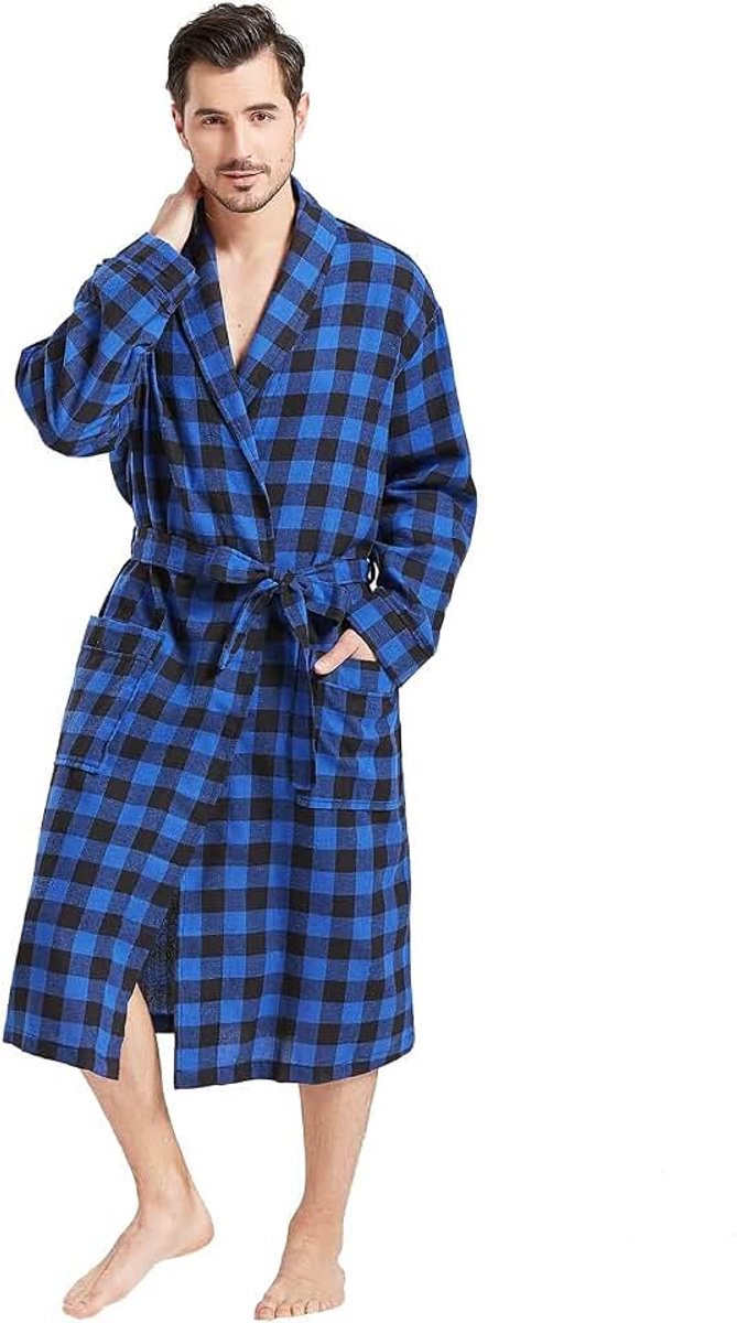 Heren Buffalo Plaid Katoenen Gewaad Lichtgewicht Badjas Sjaal Kraag Kimono Nachtkleding Loungewear Huisgewaden