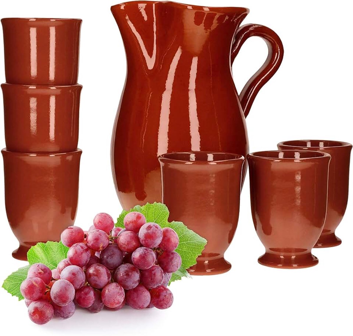 7-delige set: kan 1,9 l + 6 glazen 175 ml roodbruin geëmailleerd, serveertheepot, mediterrane kopjes, middeleeuwse markt