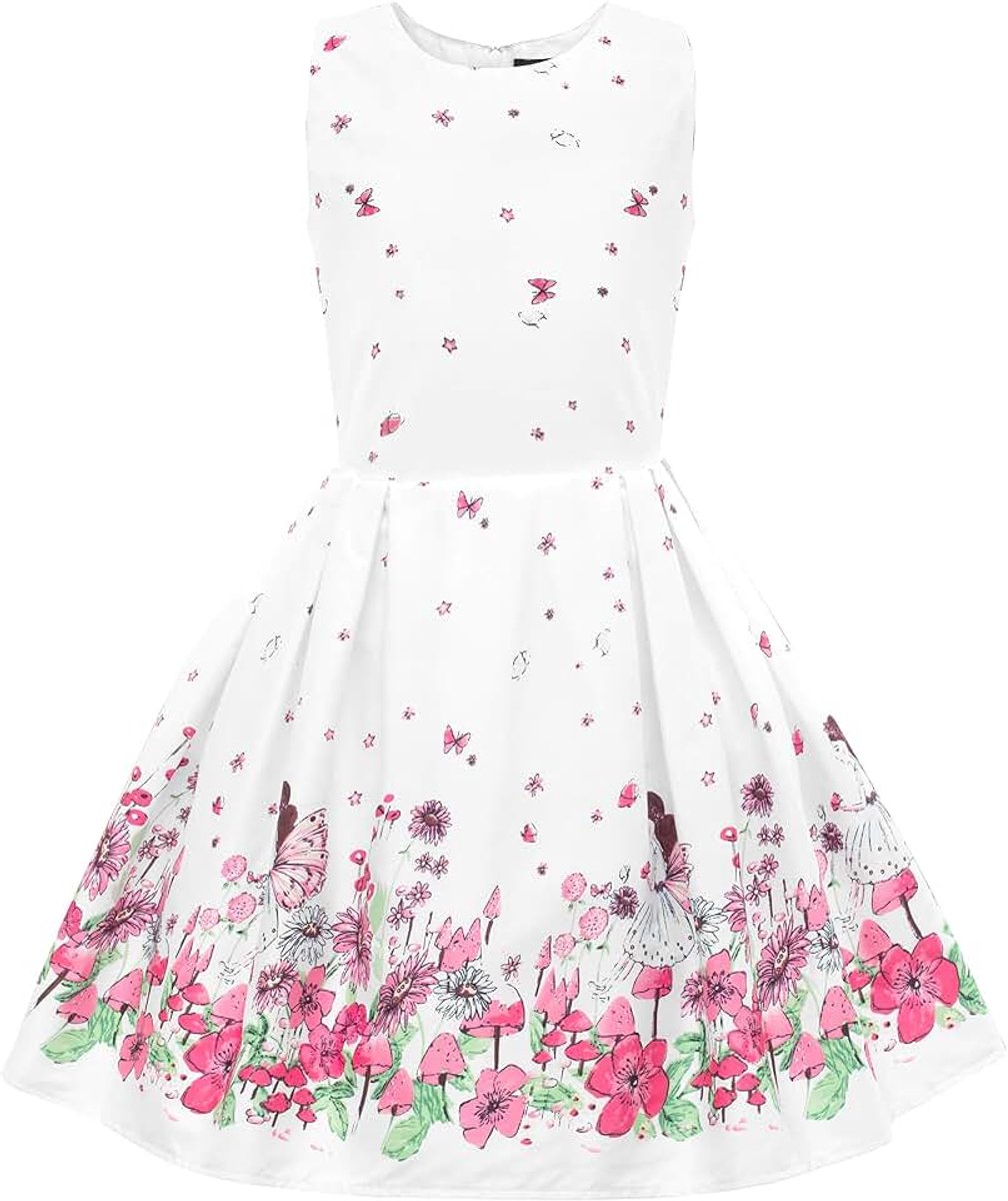Meisjesjurk Kira Bloemenprint | Geplooide Rok, 4 Dessins, Mouwloos, Ronde Halslijn, Volledig Gevoerd, Rits Achter, Polyester, 3-14 Jaar