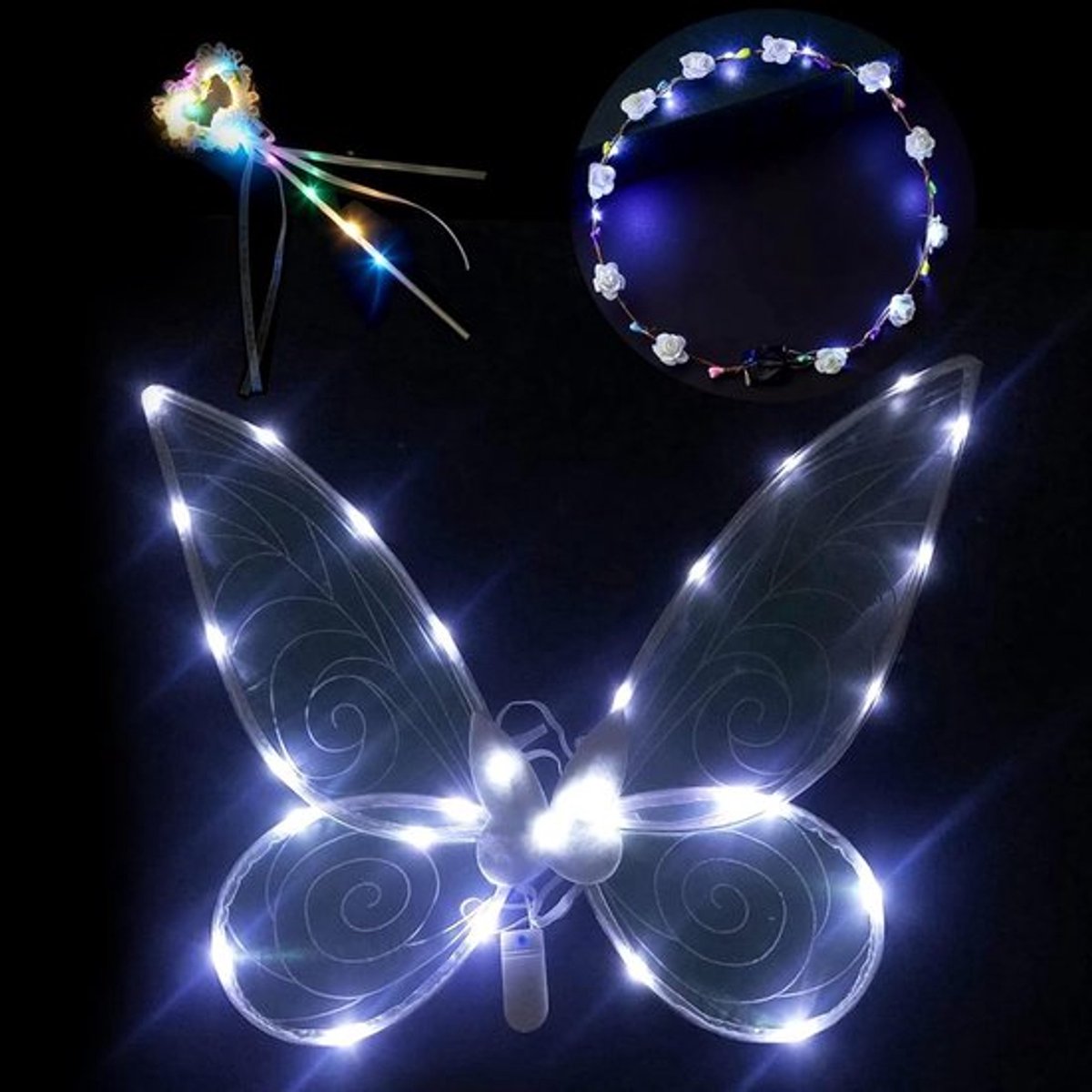 Lichtgevende Volwassen Feeënvleugels met Hoofdband en Toverstaf - Sprankelende Engelenvleugels voor Carnaval en Feestjes, Perfect voor Kostuums en Theatrale Optredens