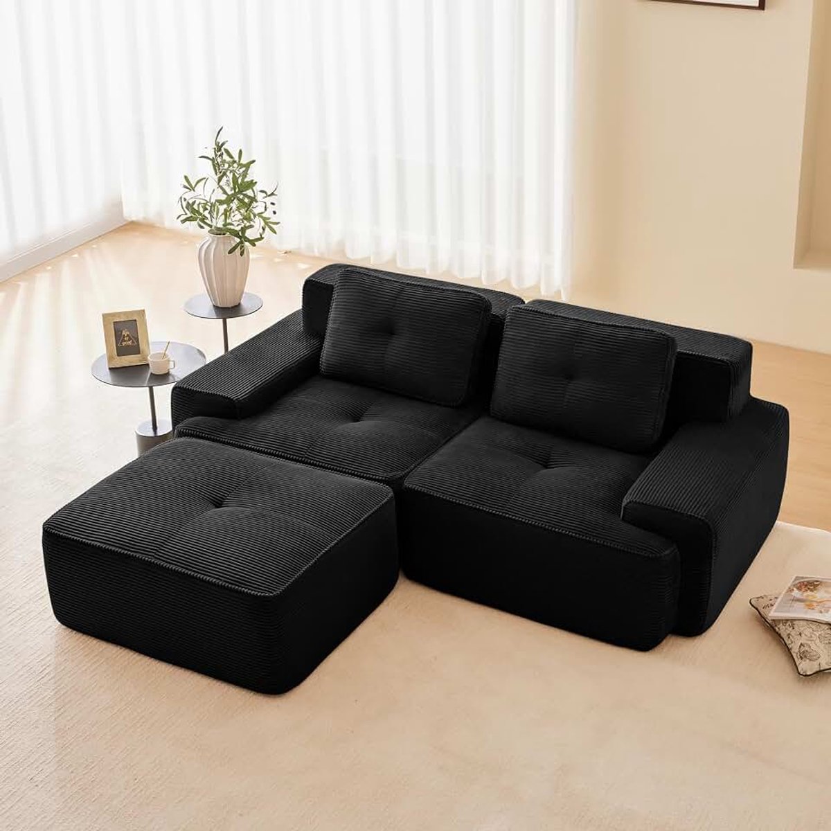 Modulaire bank, moderne bank voor woonkamer met 74 cm diepe zitting, corduroy bank, cloud gestoffeerde bank, banken combineerbaar, voor woonkamer (zwart, 2S + 1)