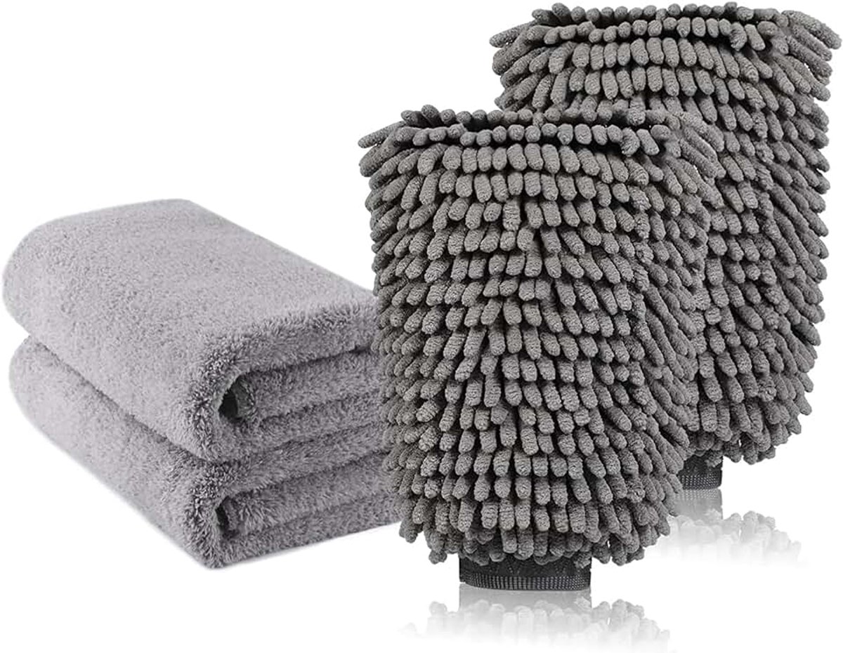 Grote autowashandschoen en microvezel-reinigingsdoek, Deluxe koraal chenille-handschoenpoetsdoeken, perfect voor keuken, autowassen en verf, 2 x doeken + 2 x handschoenen)