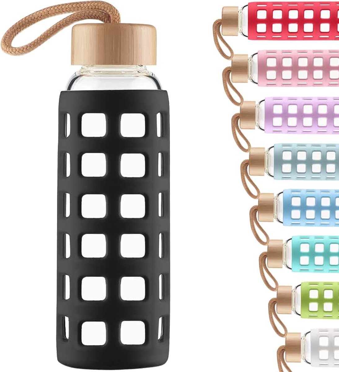 Glazen waterfles met siliconen hoes met bamboe deksel BPA-vrij 1000 ml/1 liter (zwart)