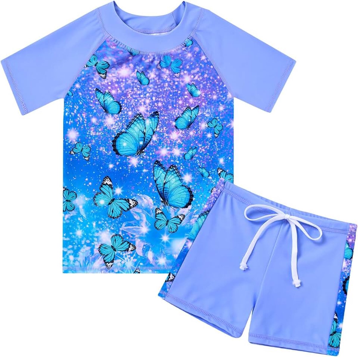 Badpak in 2-delige set met korte mouwen voor meisjes, schattige zwemkleding met opdruk en UPF 50+-bescherming, geschikt voor meisjes van 4–10 jaar