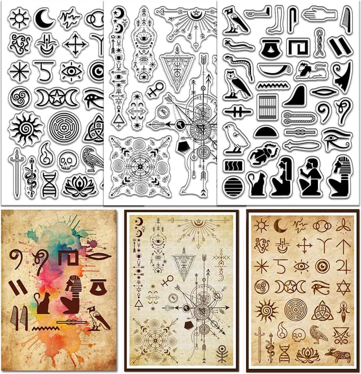 3 vellen magische Egyptische symbolen transparante stempel voor het maken van kaarten Egyptische glyphs siliconen stempel teken transparante stempelset voor scrapbooking DIY reliëf