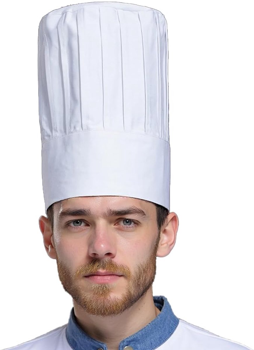 Hoge Witte Chefsmuts 29cm – Klassieke Plissé Koksmuts voor Professioneel Keukengebruik, Hoofdomtrek 58-60cm