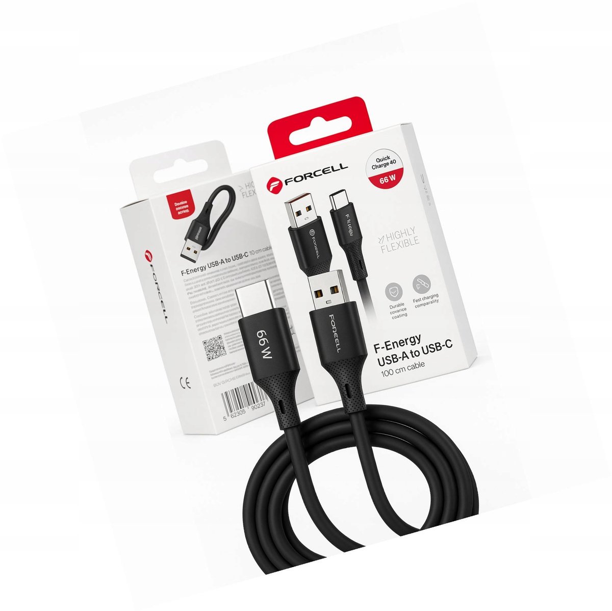 Forcell USB-A naar USB-C Kabel 1m 66W Zwart - Android Auto