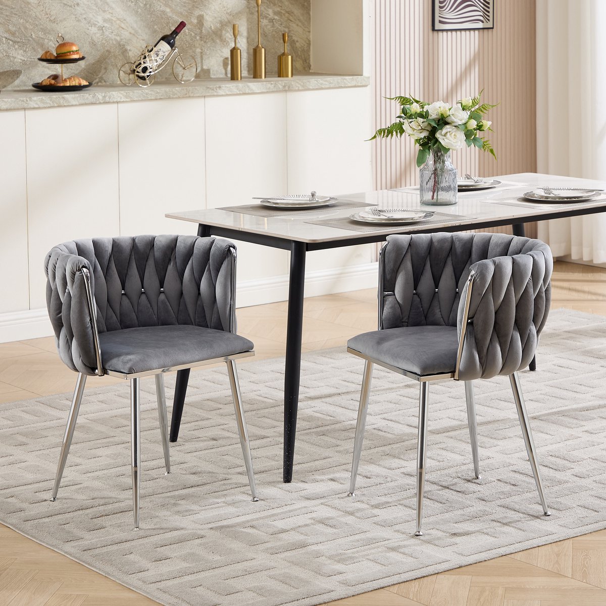 Eetkamerstoelen Set Van 2 - Velvet - Gestoffeerd - Grijs - Metalen Poten