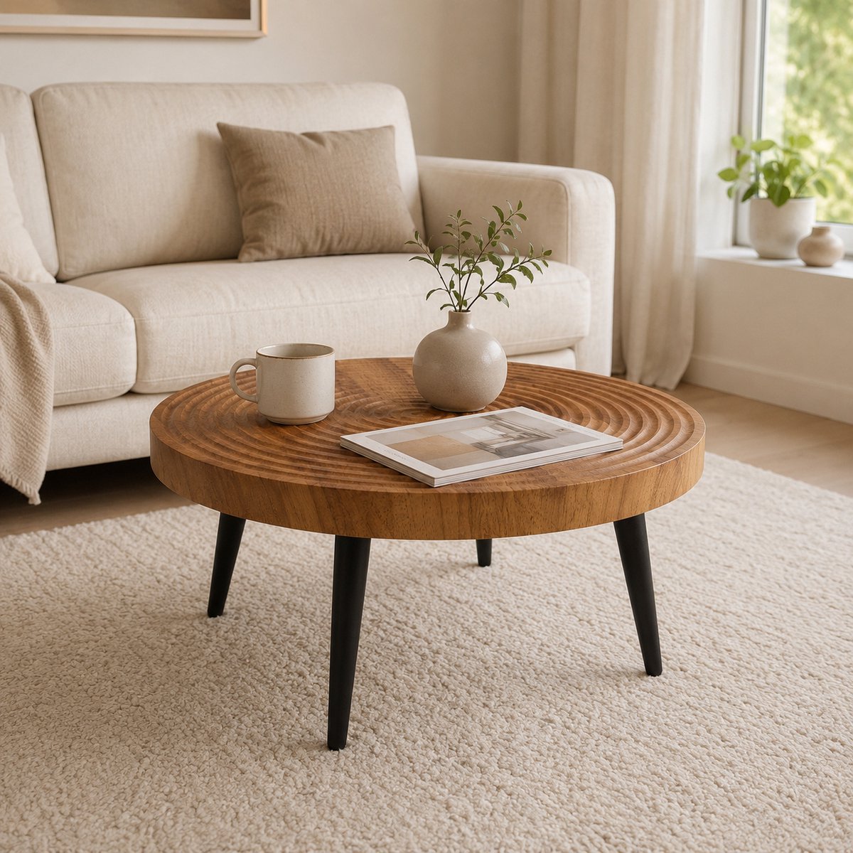 Salontafel Rond 60 cm - Walnoot Houtlook Koffietafel Met Zwarte Metalen Poten - Moderne Bijzettafel Voor Woonkamer