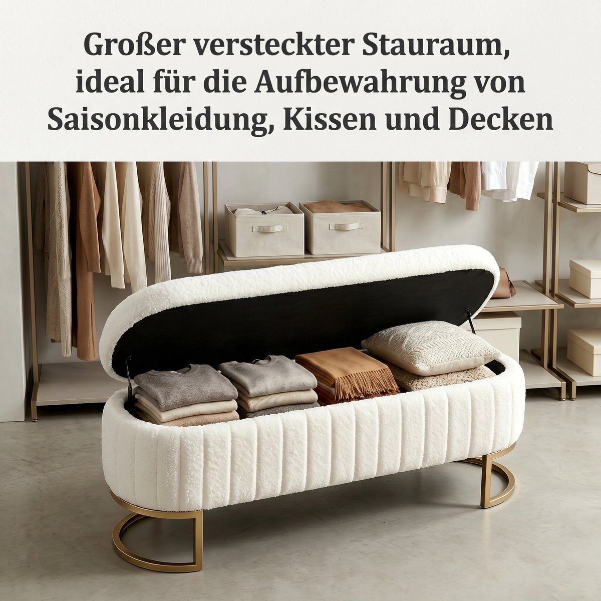 Opbergbank 130 cm - Velvet Bedbank Met Opbergruimte - Crème Zitbank Met Gouden Poten - Voor Slaapkamer