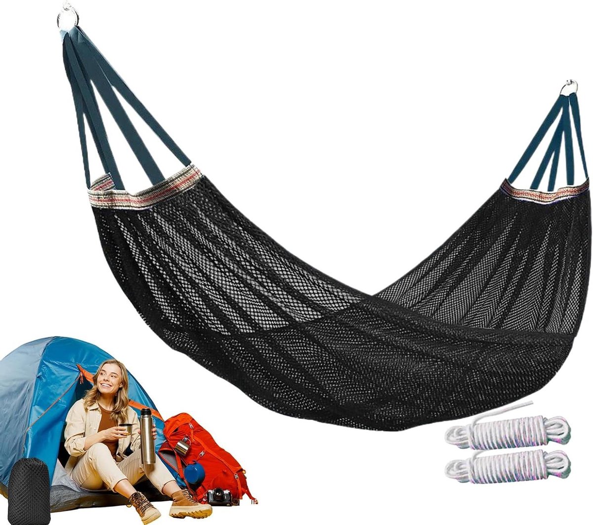 Draagbare Hangmat - Kampeerhangmat Relaxmeubel - Buiten Ontspannen - Ademende Cool-Mesh Stof - 260x130cm - Zwart