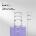 Telescopische handgreep van een lichtpaarse koffer op 3 standen verstelbaar (86 cm, 96 cm, 106 cm). Tekst: Telescopisch handvat, Ergonomische grip, 3 standen verstelbaar.