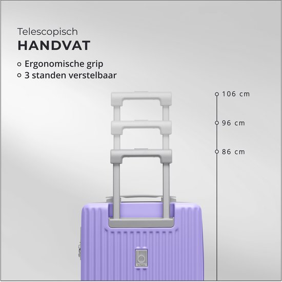 Telescopische handgreep van een lichtpaarse koffer op 3 standen verstelbaar (86 cm, 96 cm, 106 cm). Tekst: Telescopisch handvat, Ergonomische grip, 3 standen verstelbaar.