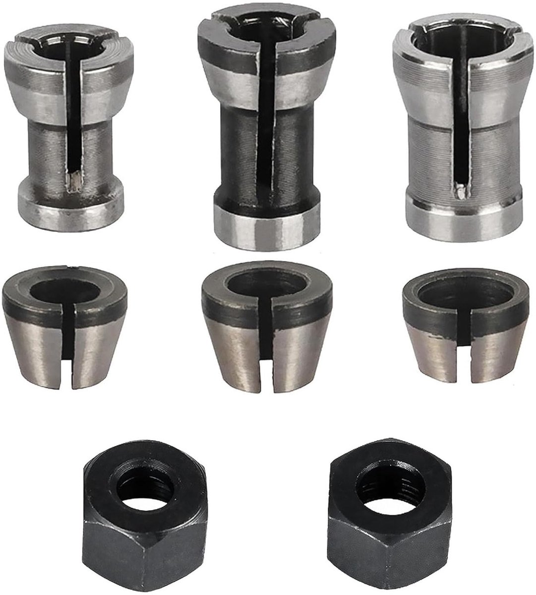 Dailygoods- Spantangenset 8 Stuks - Bovenfrees Accessoires - Klemadapters 6/6,35/8 mm - Moeren voor Graveermachine - Precisie Spantang - Hoogwaardig Koolstofstaal - Freeshouder