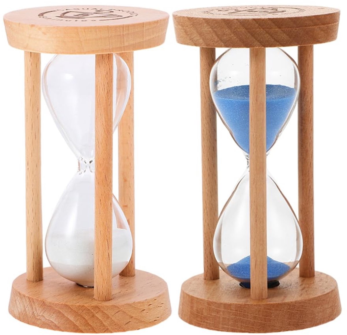 Solidchoice - Milisten 2 stuks zandloper-glazen timer, 5 minuten zandlopers, houten zandloper, 9 cm x 5 cm decoratieve zandloper, timer voor klaslokalen, keukens, woningen
