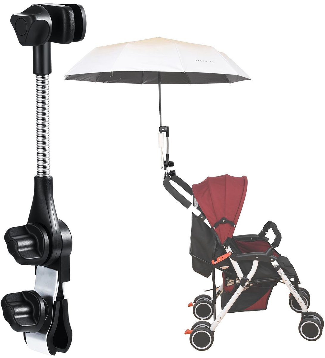 Solidchoice- Parapluhouder 360 Graden Verstelbaar - Universele Klem - Connectorclip voor Kinderwagen - Golfparapluhouder - Flexibele Positionering