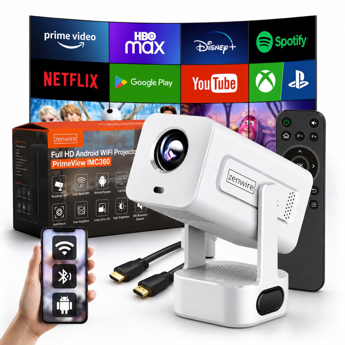 Zenwire® PrimeView IMC360 – Mini Projector 360° Android 13 – Beamer WiFi 6 – Bluetooth 5.2 – Full HD 1080p – 4K-ondersteuning – 400 ANSI Lumen – 270° Rotatie – Autofocus – Compact & Stil