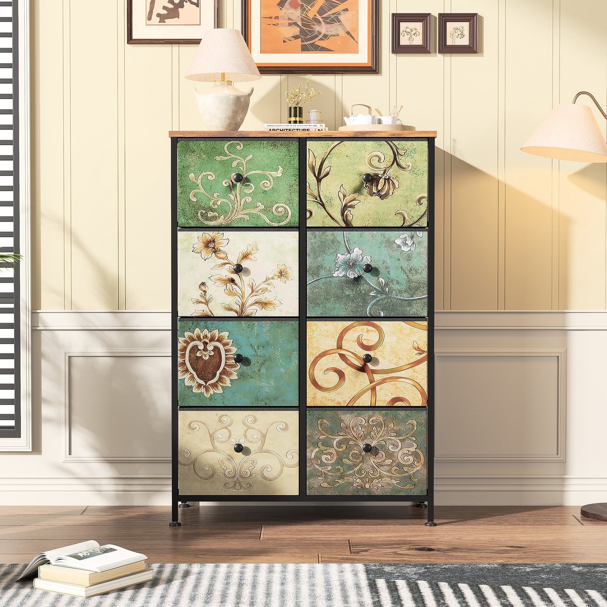 Commode met 8 lades, industriële metalen opbergkast, lade-organizer met vintage bloemenpatroon van stof, 67,5x30x100cm, rustieke houten opbergkast voor slaapkamer, hal of woonkamer