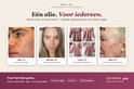 Vier afbeeldingen: Jens (16) met acné, Marieke (29) met rode huid, handen van Greet (41) voor en na 3 weken, en Mark (87) met pigmentvlekken.
